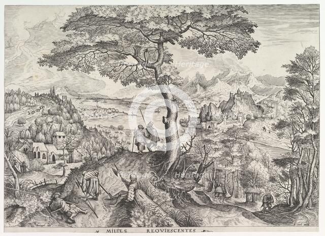 Soldiers at Rest (Milites requiescentes) from The Large Landscapes, ca. 1555-56. Creator: Johannes van Doetecum I.