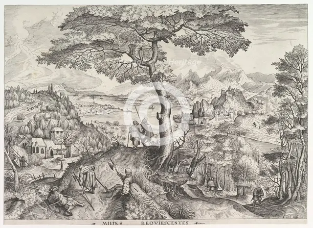 Soldiers at Rest (Milites requiescentes) from The Large Landscapes, ca. 1555-56. Creator: Johannes van Doetecum I.