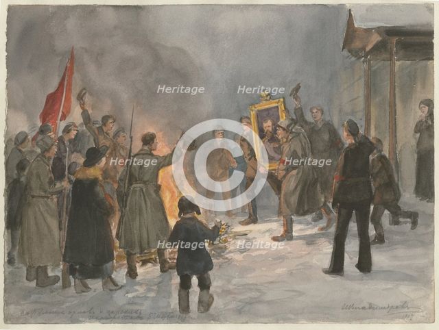 Soldiers burning paintings (from the series of watercolors Russian revolution), 1917. Artist: Vladimirov, Ivan Alexeyevich (1869-1947)
