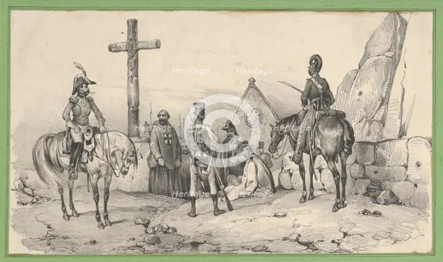 Soldiers gathered in front of a church with priests and a crucifix, mid-19th century. Creator: Victor Adam.
