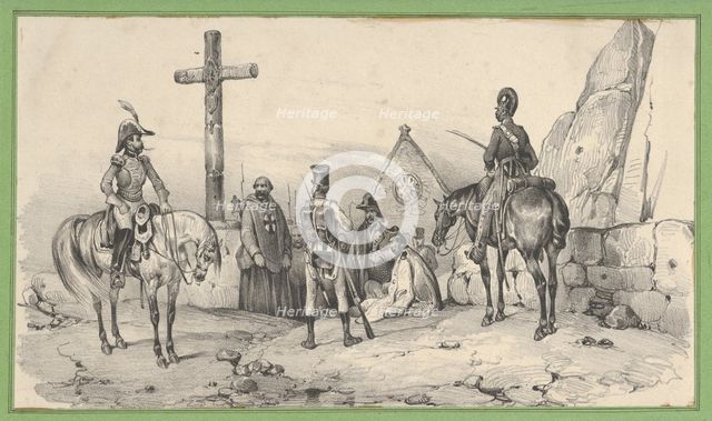 Soldiers gathered in front of a church with priests and a crucifix, mid-19th century. Creator: Victor Adam.