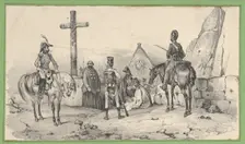 Soldiers gathered in front of a church with priests and a crucifix, mid-19th century. Creator: Victor Adam