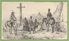 Soldiers gathered in front of a church with priests and a crucifix, mid-19th century. Creator: Victor Adam