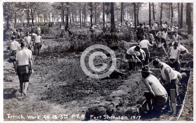 Soldiers digging and clearing trenches, Fort Sheridan, Illinois, USA, 1917. Artist: Unknown