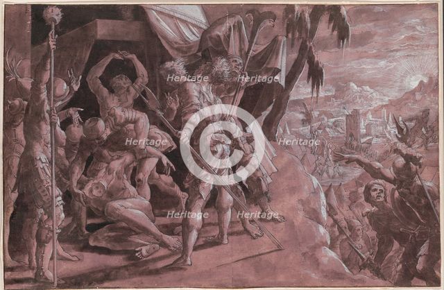 Soldiers Discovering the Body of Holofernes, c. 1550. Creator: Master Of The Liechtenstein Adoration.