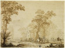 Soldiers Exercising Horses Near River, 1785. Creator: Jacques François Joseph Swebach-Desfontaines