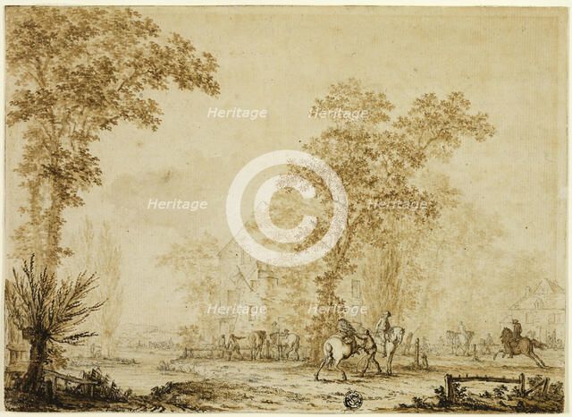 Soldiers Exercising Horses Near River, 1785. Creator: Jacques François Joseph Swebach-Desfontaines.