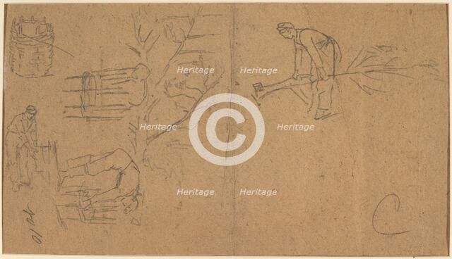 Soldiers felling sapling, and weaving saplings into baskets [verso], 1862. Creator: Winslow Homer.