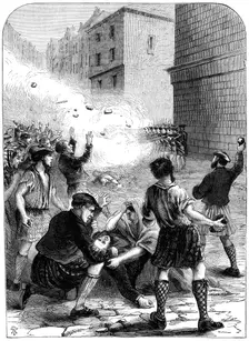 Soldiers firing on rioters during the insurrection at Glasgow, 1706 (19th century)