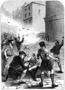 Soldiers firing on rioters during the insurrection at Glasgow, 1706 (19th century)