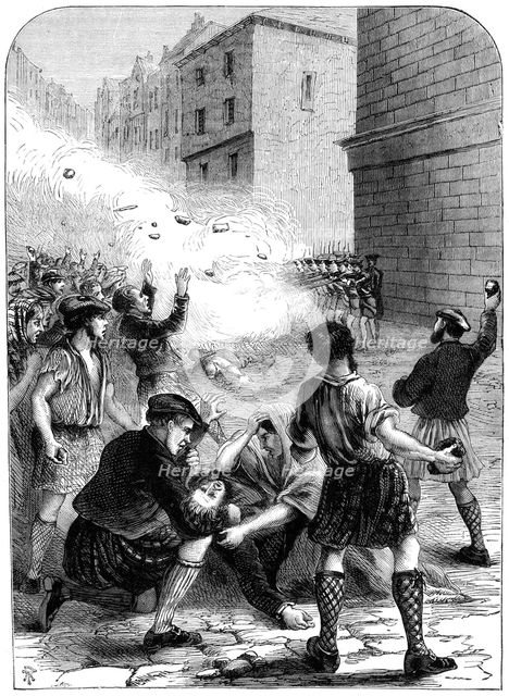 Soldiers firing on rioters during the insurrection at Glasgow, 1706 (19th century). Artist: Unknown