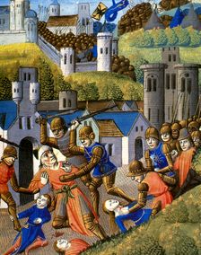 Soldiers killing women, men and children, while the army enters.., Miniature..., 15th cent. Creator: Unknown