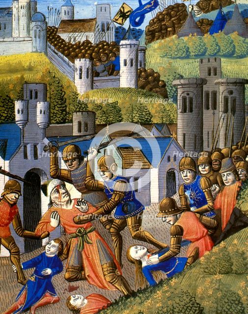 Soldiers killing women, men and children, while the army enters.., Miniature..., 15th cent. Creator: Unknown.