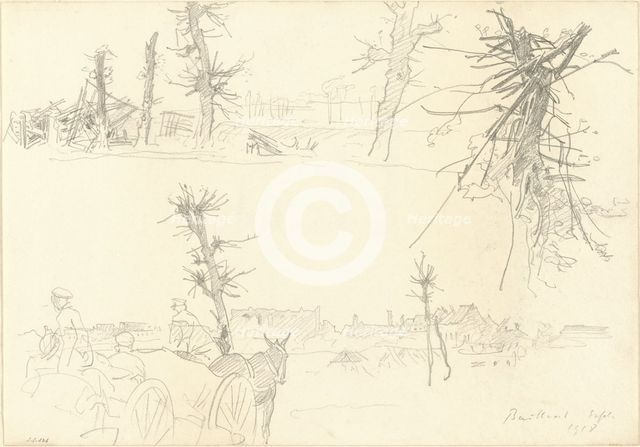Soldiers in a Devastated Landscape [recto], 1918. Creator: John Singer Sargent.