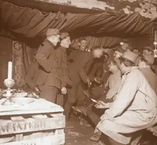 Soldiers in a shelter, Genicourt, northern France, c1914-c1918