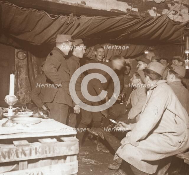 Soldiers in a shelter, Genicourt, northern France, c1914-c1918. Artist: Unknown.