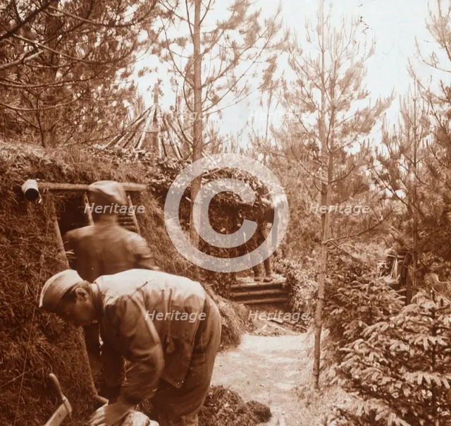 Soldiers in earth-covered shelters, Genicourt, northern France, c1914-c1918. Artist: Unknown.