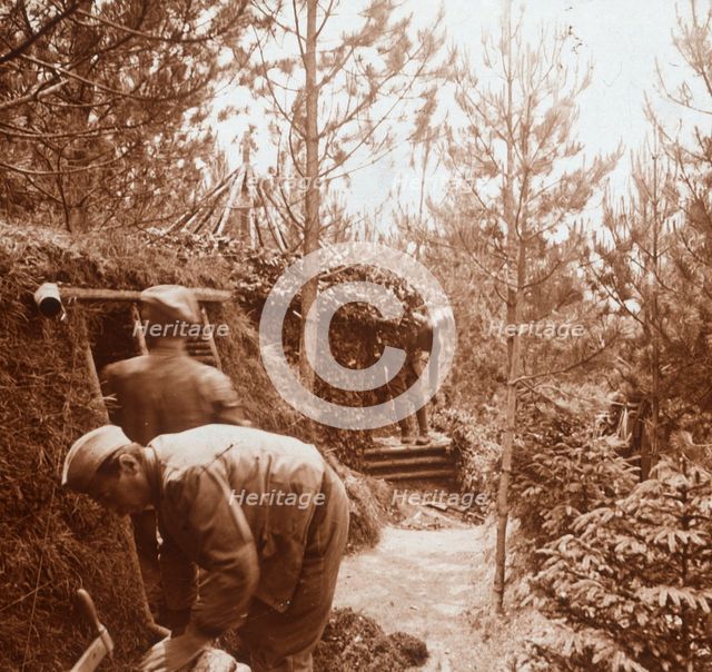 Soldiers in earth-covered shelters, Genicourt, northern France, c1914-c1918. Artist: Unknown.