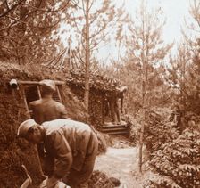Soldiers in earth-covered shelters, Genicourt, northern France, c1914-c1918