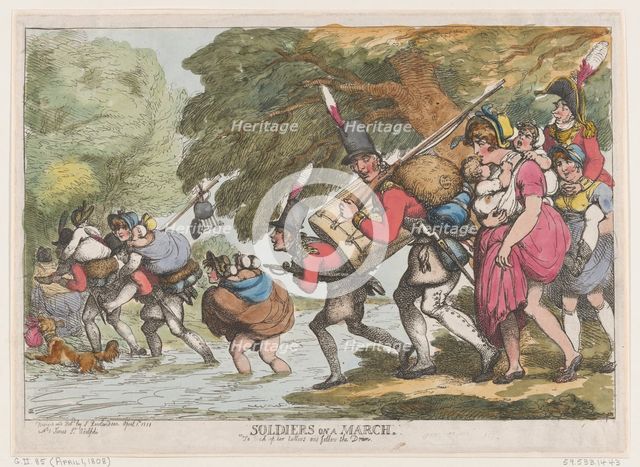 Soldiers on a March, April 1, 1808., April 1, 1808. Creator: Thomas Rowlandson.