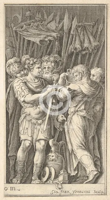 Soldiers, one shown frontally and holding a sword, at right a soldier with his ba..., ca. 1650-1700. Creator: Giovanni Francesco Venturini.