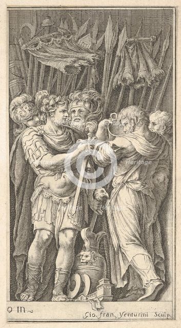 Soldiers, one shown frontally and holding a sword, at right a soldier with his ba..., ca. 1650-1700. Creator: Giovanni Francesco Venturini.