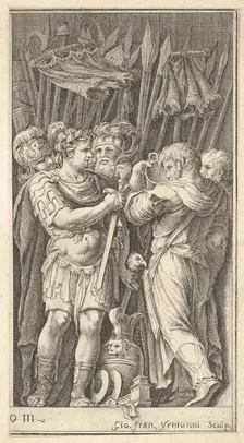 Soldiers, one shown frontally and holding a sword, at right a soldier with his ba..., ca. 1650-1700. Creator: Giovanni Francesco Venturini