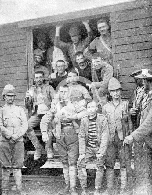 Soldiers of the 18th Hussars on the train to Pretoria, South Africa, Boer War, 1900. Artist: Unknown