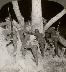 Soldiers leaving a trench for a night raid at Messines, Belgium, World War I, 1914-1918.Artist: Realistic Travels Publishers