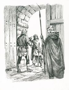 Soldiers negotiating with a man at a gateway on Hadrian's Wall, c1985-c2000. Artist: Philip Corke