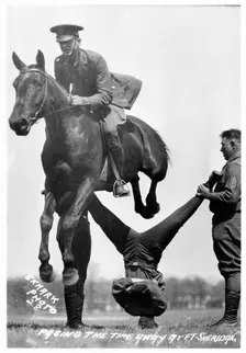 Soldiers performing equestrian stunts, Fort Sheridan, Illinois, USA, 1920