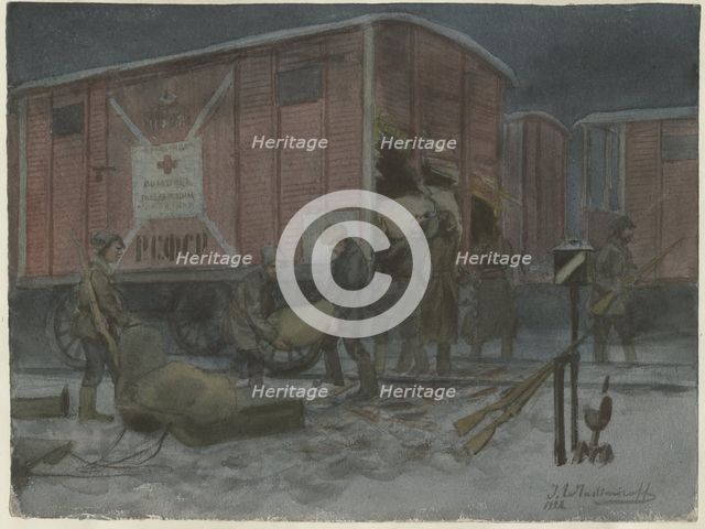 Soldiers plundering a railway wagon (from the series of watercolors Russian revolution), 1922. Artist: Vladimirov, Ivan Alexeyevich (1869-1947)