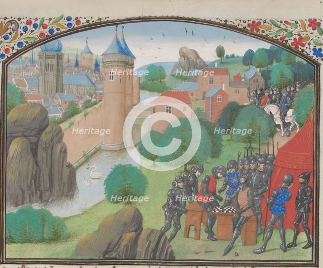 Soldiers playing dice before the city of Caesarea. Miniature from the Historia by William of Tyre, 1460s. Artist: Anonymous  