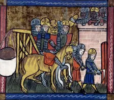 Soldiers with a trebuchet, mid-14th century. Creator: Unknown