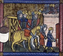 Soldiers with a trebuchet, mid-14th century. Creator: Unknown