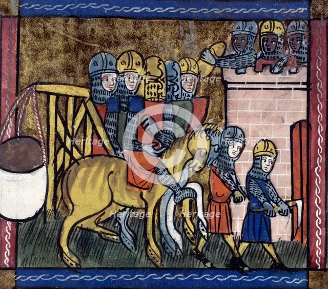 Soldiers with a trebuchet, mid-14th century. Creator: Unknown.