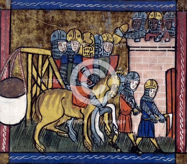 Soldiers with a trebuchet, mid-14th century. Creator: Unknown.