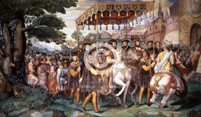 Solemn entry of Francis I of France, Emperor Charles V, and Cardinal Alessandro Farnese in Paris …