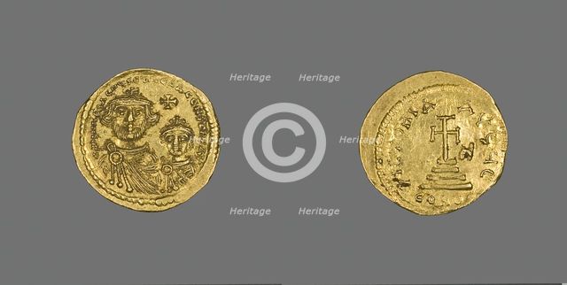 Solidus (Coin) Portraying Heraclius and His Son Heraclius Constantine, 613-616. Creator: Unknown.