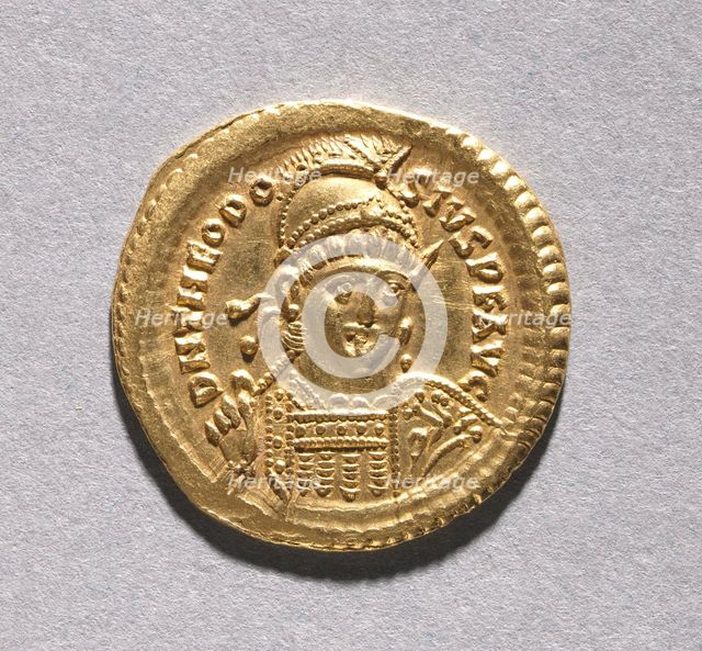 Solidus of Theodosius II and Valentinian III (obverse), 408-425. Creator: Unknown.