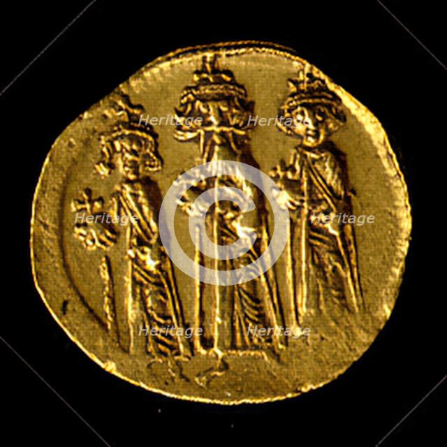 Solidus of Heraclius, Heraclius Constantine, and Heraclonas, Byzantine, 638-641. Creator: Unknown.