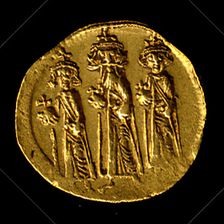 Solidus of Heraclius, Heraclius Constantine, and Heraclonas, Byzantine, 638-641. Creator: Unknown