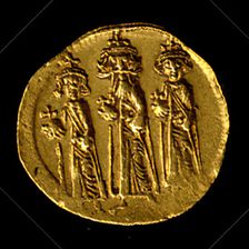 Solidus of Heraclius, Heraclius Constantine, and Heraclonas, Byzantine, 638-641. Creator: Unknown