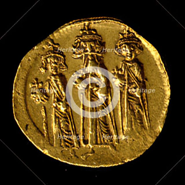 Solidus of Heraclius, Heraclius Constantine, and Heraclonas, Byzantine, 638-641. Creator: Unknown.