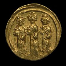 Solidus of Heraclius. Heraclius, Heraclius Constantine, and Heraclonas (Obverse), 639-641. Creator: Numismatic, Ancient Coins