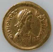 Solidus of Honorius (r. 395-423), Byzantine, 395-423. Creator: Unknown