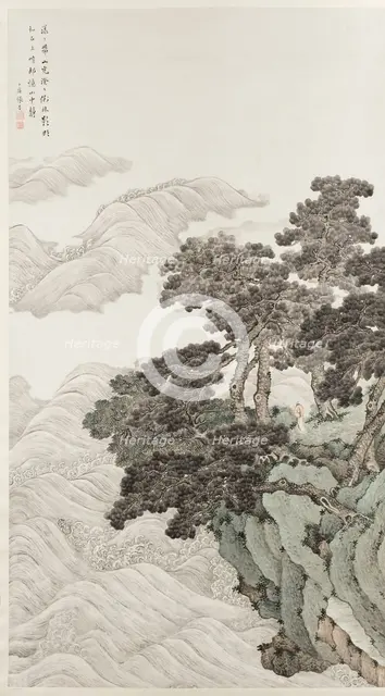 Solitary person under pines contemplating waves, 1820. Creator: Zhang Yin.