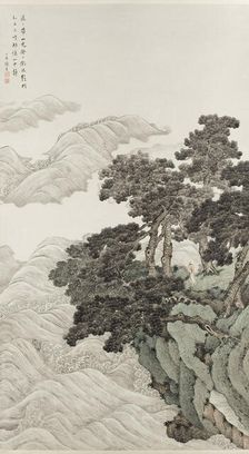 Solitary person under pines contemplating waves, 1820. Creator: Zhang Yin