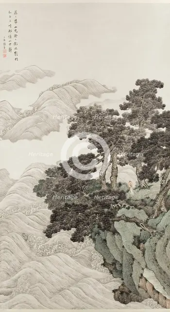 Solitary person under pines contemplating waves, 1820. Creator: Zhang Yin.