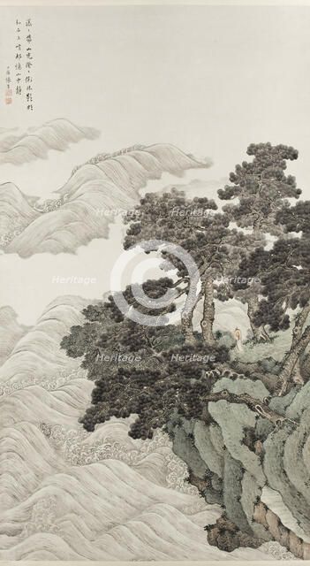 Solitary person under pines contemplating waves, 1820. Creator: Zhang Yin.